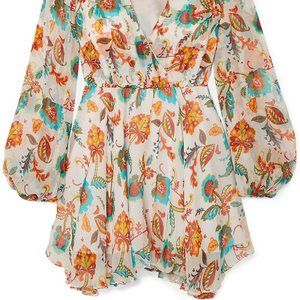 CAROLINE CONSTAS Olena White Multi Floral-Print Silk-Chiffon Mini Dress - Size S